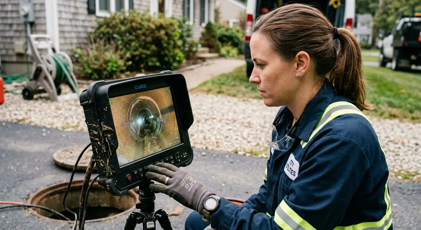 Technician reviewing sewer camera inspection footage in Bloomingdale
